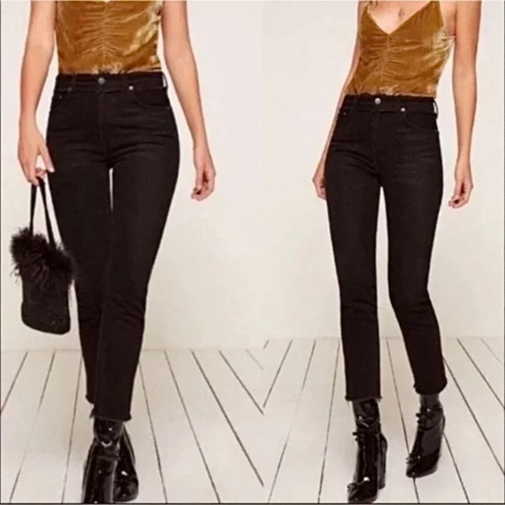 Reformation Black Julia High Rise Raw Hem Cigarette Straight Leg Rigid Jeans 28